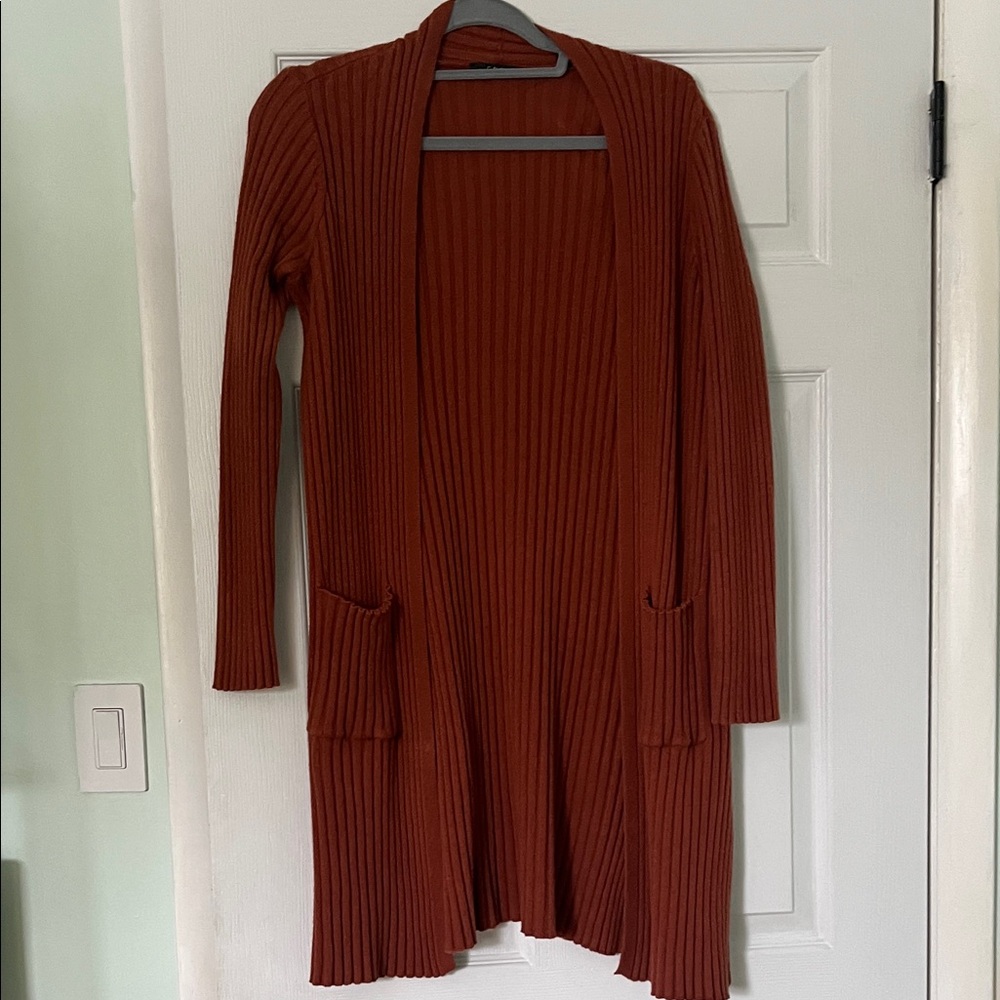 Rust Ribbed Open Front Cardigan